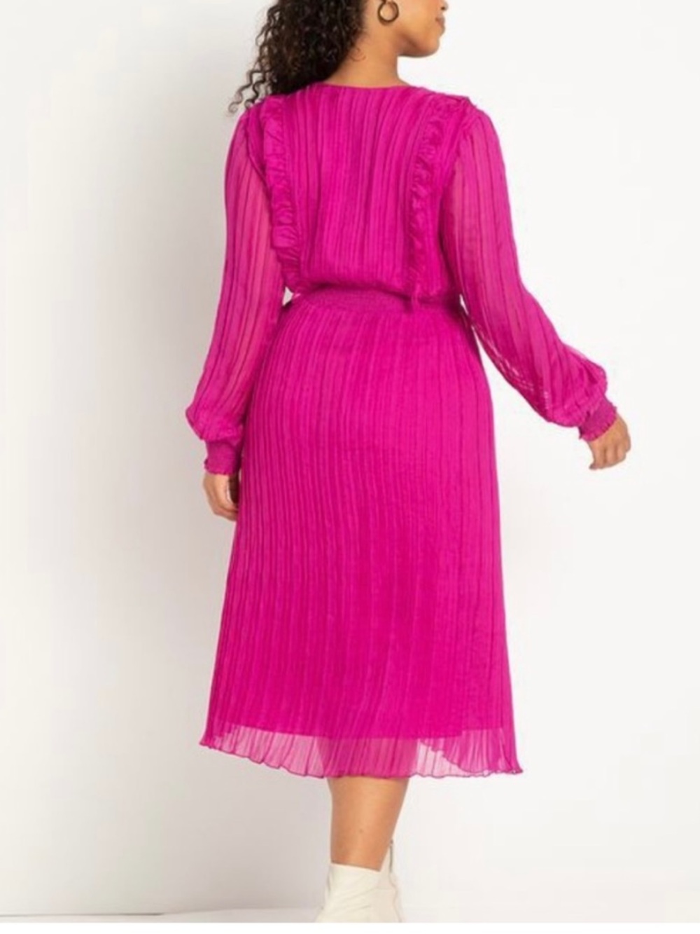 Eloquii Fuchsia Pleated Midi Dress Romantic Long Sleeve Flowy Luxe Plus NEW 22W - Picture 2 of 14